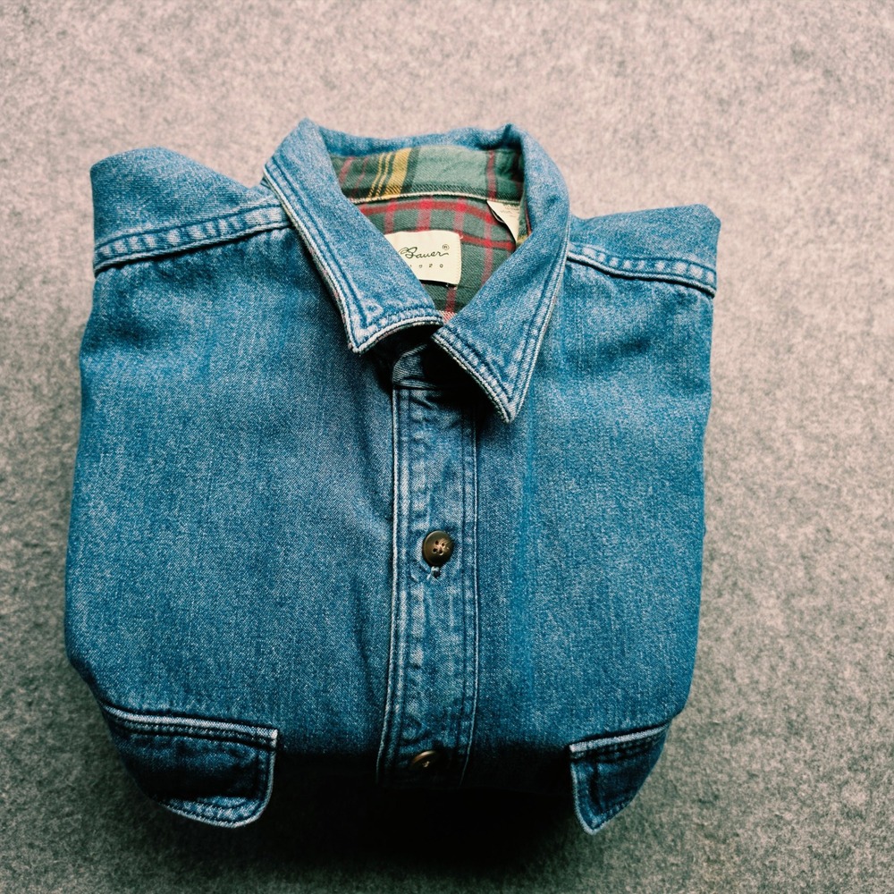 Eddie Bauer Made in USA VTG  Men Blue Denim Flannel Lined Button Down Shirt XL - Picture 7 of 15